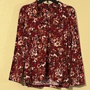 Gloria Vanderbilt Women’s M Burgundy w/ Floral Print Long Sleeve Shirt